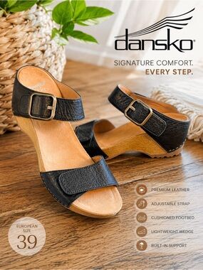 Dansko Black Leather Adjustable Strap Wedge Sandals Comfort Size US 8.5-9 (39)